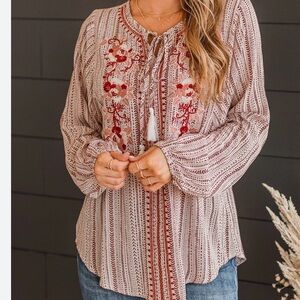 Savanna Jane Red and Cream Embroidered Blouse